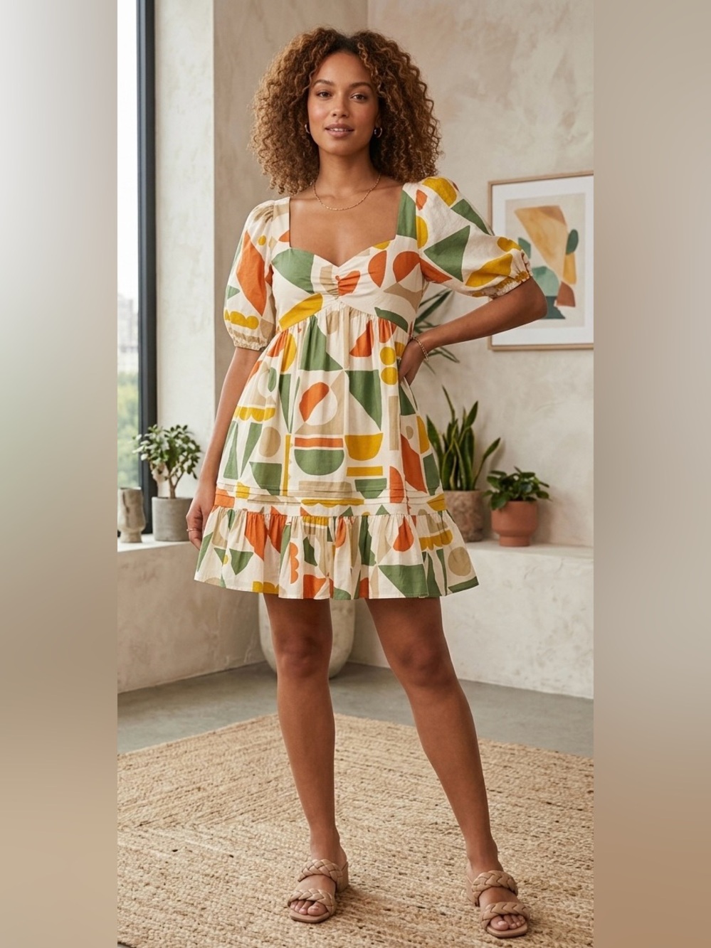Gianni Bini Tory Geometric Abstract green yellow cream Linen Mini Dress Medium